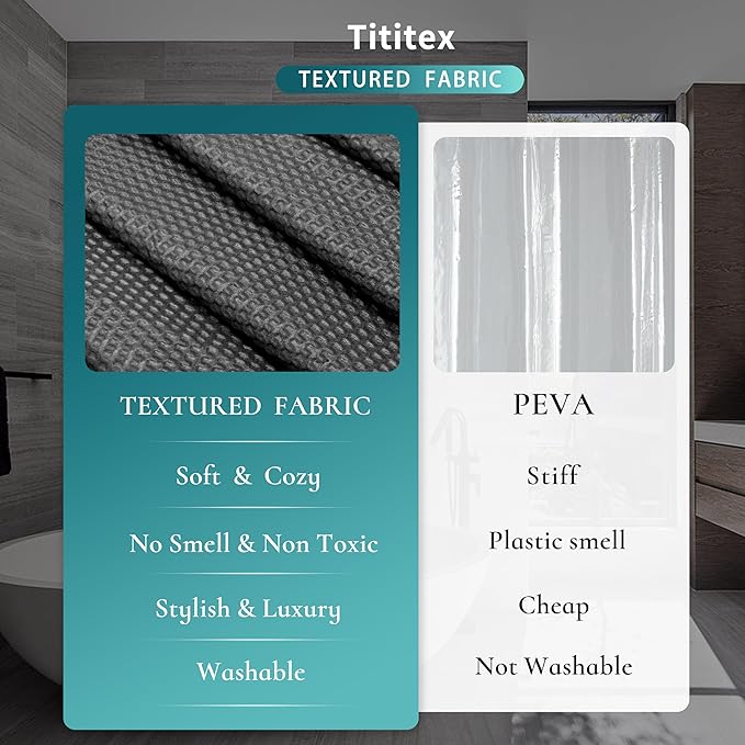 Tititex Solid Black Cloth Fabric Shower Curtain Liner with 2 Magnets - Texture Soft Hotel Quality Waterproof Shower Liner, Light-Weight & Machine Washable 72x78 inch