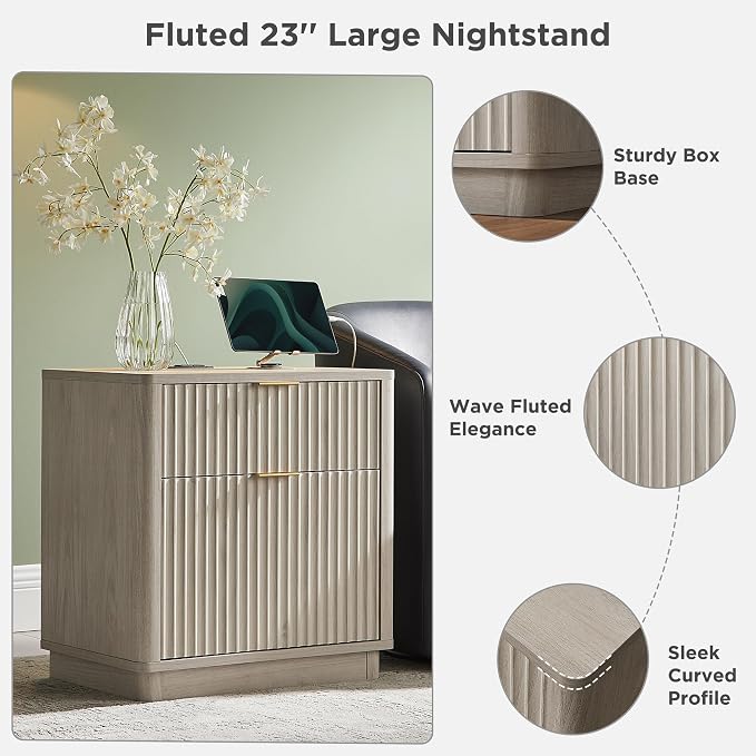 T4TREAM 23'' Fluted Nightstand Swith Charging Station, Large 2 Drawer Side Table, Modern End Table with Storage, Mid Century Bedside Table for Bedroom, Living Room, Curved Profile, White Alder