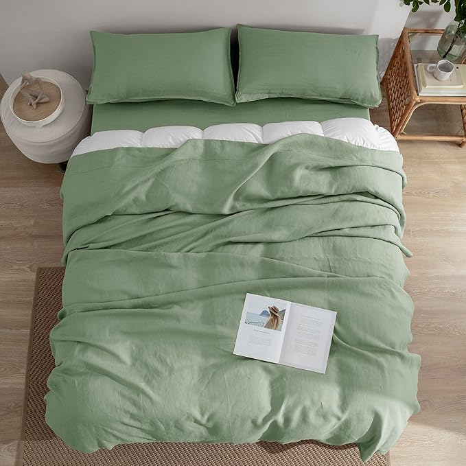 EVERLY Linen Sheets Set Queen Size,100% French Stonewash Pure Linen Sheets Set,4Pieces (1Flat Sheet,1Fitted Sheet,2Pillowcase) Suitable for Hot Sleepers,Natural Linen Bed Set-Saga Green-Queen