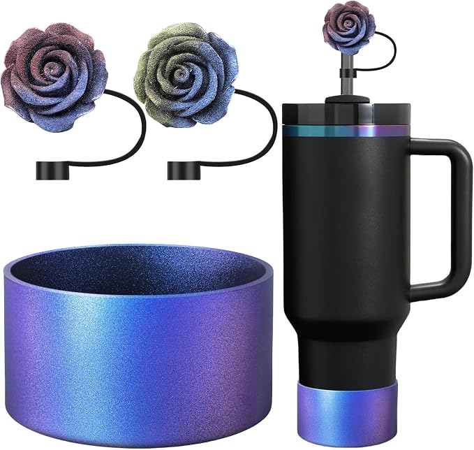 Gradient Silicone Boot and 2 PCS 10MM Glitter Straw Cover, Anti-Slip Sleeves Bottom Protector Compatible with Stanley Cup 20 30 40 Oz Water Bottle 2.8-3IN Base Tumbler Accessories Women Gifts