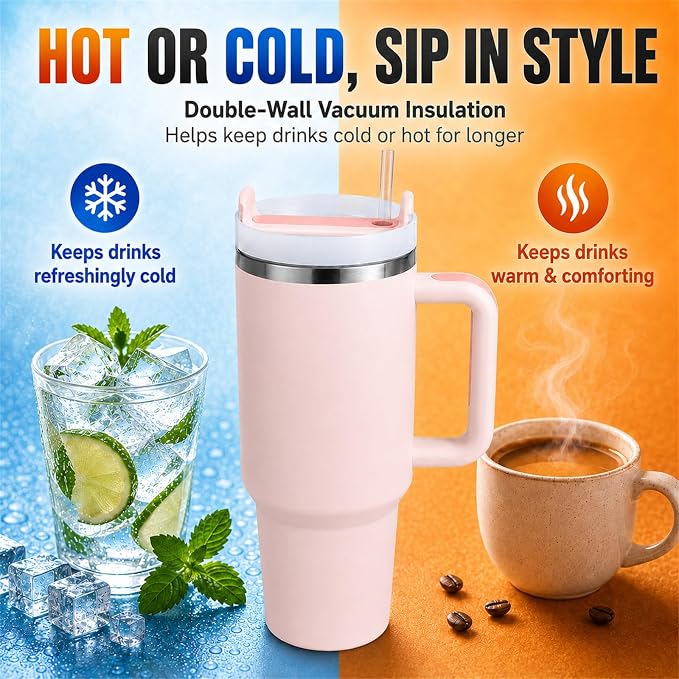 Pandance 40 oz Tumbler with Handle, Tumbler with Lid and Straw(Rose Quartz) | Stainless Steel Vacuum Insulated Travel Mug, Sturdy Screw-on lid, Cup Holder Friendly, Large Capacity Cup For Iced Coffee