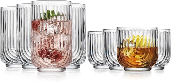 Glaver's 8-Piece Drinking Glass Set, Art Deco Ribbed Arch Glassware, Clear U-Shape Design, 17oz Highball and 11oz DOF Glasses Kitchen Glasses