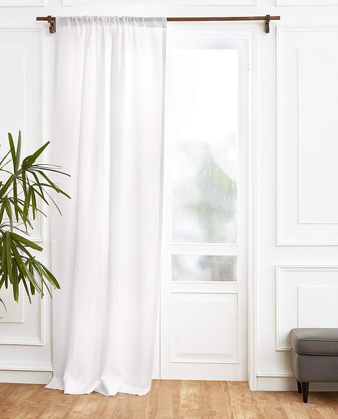 Solino Home White Linen Curtain 45 Inch, Light Filtering Rod Pocket Curtain 52 x 45 Inch, 100% Pure Linen European Flax Window Treatment for Living Room, Bedroom - 1 Panel