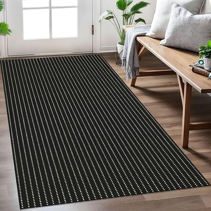 EARTHALL Washable Area Rug 3x5 Ft Non Slip Rugs for Entryway, Non Slip Braided Throw Rugs Door Mat Indoor Outdoor Entrance, Cotton Woven Carpet for Kitchen Foyer Front Door, Black/Cream
