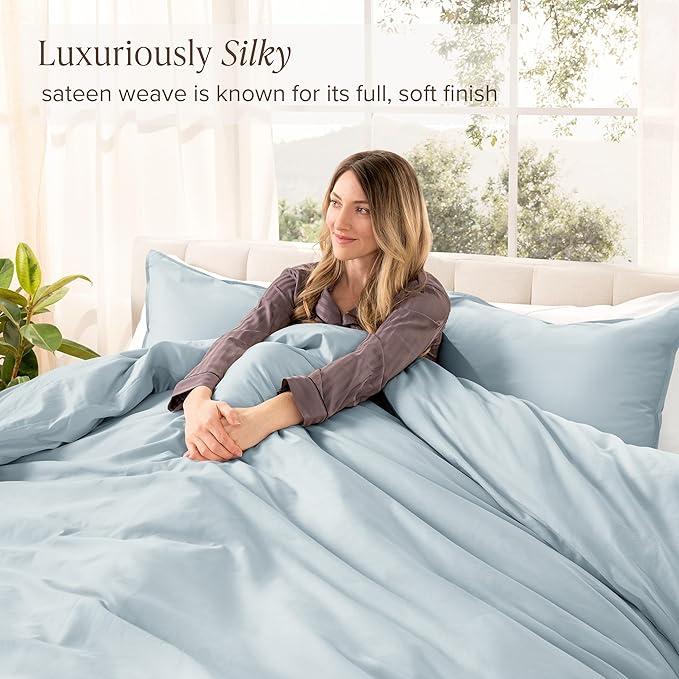 Bare Home 100% Organic Cotton Sateen Duvet Cover Set - 400 Thread Count - Smooth Sateen Weave - Warm & Luxurious - Duvet Cover (King/Cal King, Winter Blue)