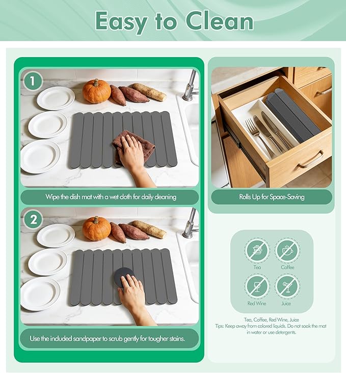 Large Stone Dish Drying Mat for Kitchen Counter, Quick Dry Diatomaceous Earth Stone Mat, Roll-Up Dish Mat for Dishes Bottles Cups, Super Absorbent & Non-Slip, 24"×16",Grey