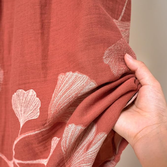 100% Cotton Gauze Ginkgo Leaf Kimono Robe, Long Knit Loose Bathrobe Nightgown Ladies Loungewear Sleepwear for Women