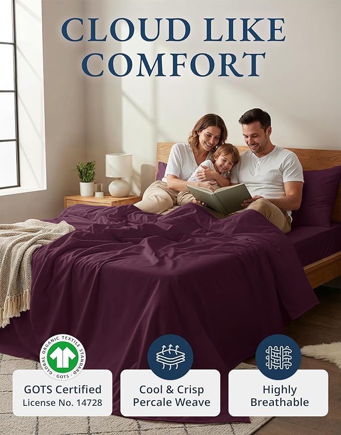 LANE LINEN 100% Organic Cotton Sheets Queen Size, Classic Percale Weave Fully Elasticized Breathable Queen Cotton Sheet Set, Machine Washable Soft & Comfy Queen Sheet Set - Windsor Wine