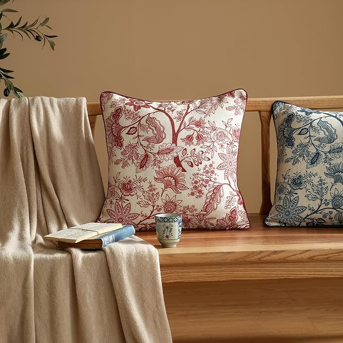 ISAENNE Design Linen Square Throw Pillow Covers 18"x18" Pack of 2, French Country Cushion Covers with Red Toile de Jouy Floral Pattern Decoration Pillowcases for Bed, Living Room, Outdoor, Car