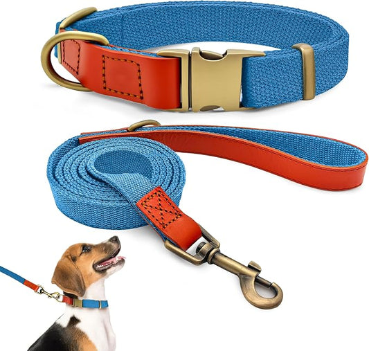Dog Collar and Leash Set with Metal Quick Release Buckle, Adjustable, Breathable Nylon, Durable, Soft and Comfortable, No Pull for Walking and Training, Blue, M (12.5"-19.6")