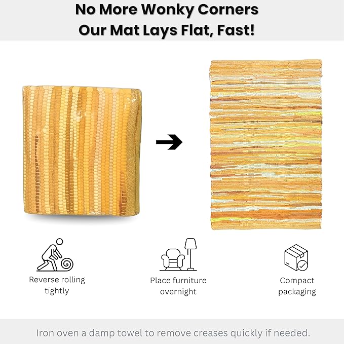 Ramanta Home 100% Cotton Hand Woven Tonal Chindi Rag Rug 2'x3' - Mustard, Recycled Reversible Rug, Boho Rustic Farmhouse Rugs for Living Room, Dinning Room, Kitchen Floor Mats - 24"x36"