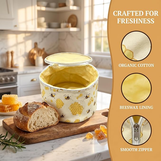 Organic Cotton Beeswax Bread Bags 9.8" x 6.Cotton Wash. Reus. Eco | Natural beeswax locks in freshness. Large reusable round Bread Bags for homemade sourdough. Organic cotton, freezer-safe