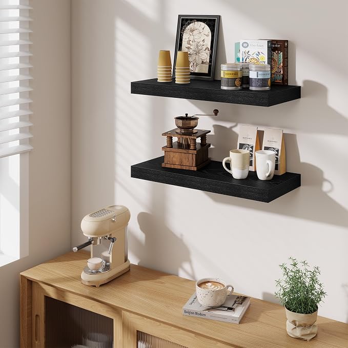 Fun Memories 24 Inch Floating Shelves Wall Mounted, 10 Inch Deep Wall Shelves, 24 x 10 Floating Shelf for Living Room Bathroom Bedroom, Black, Set of 3