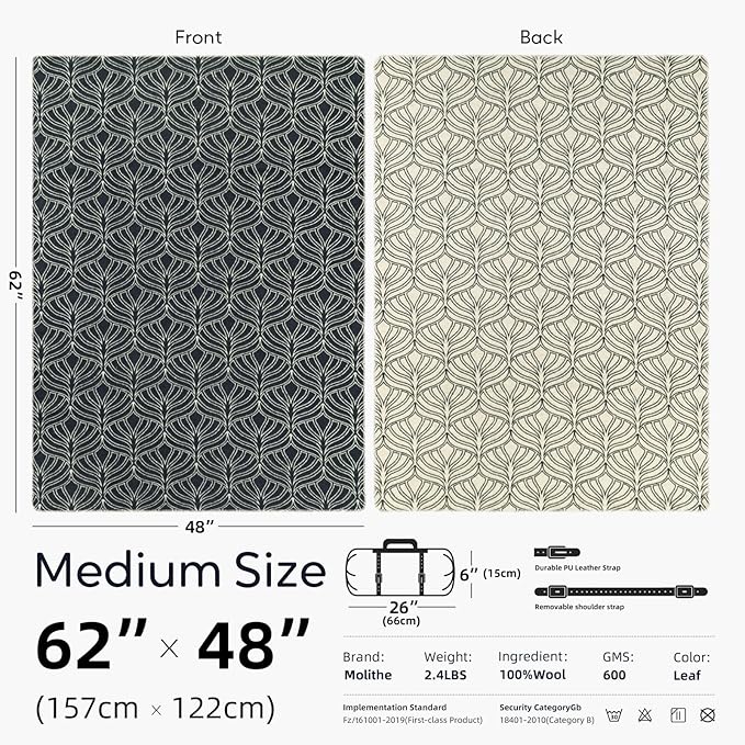 Molithe 100% Wool Blanket, 48" x 62", Warm, Thick, Washable, Military Wool Blanket, Great for Camping, Outdoors, Sporting Events, Survival Kits Leaf