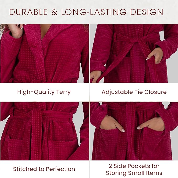 Be Relax Bathrobe for Women - Full Length Terry Cotton Robe with Shawl Collar and Hood, Warm and Cozy Robe with Belt & Pocket