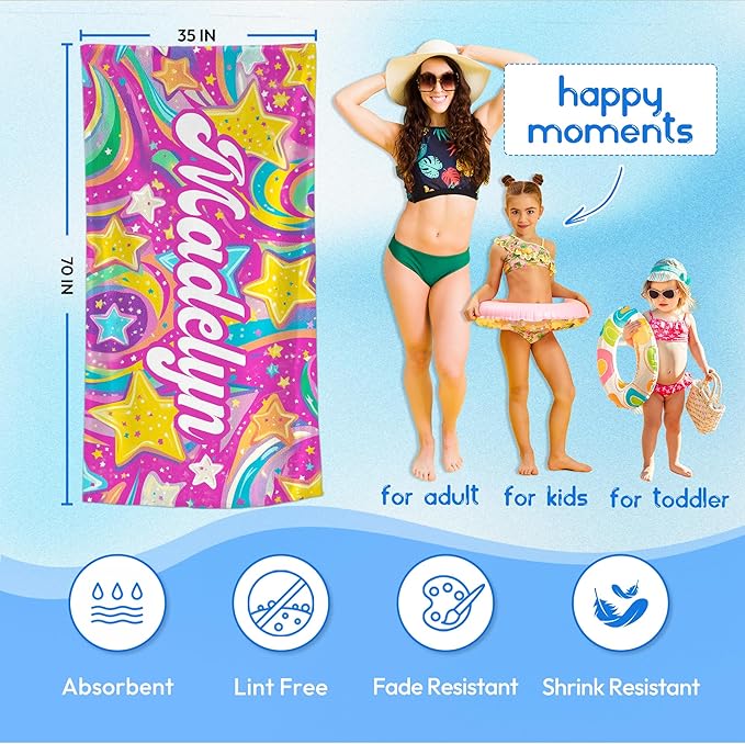JML Custom Beach Towel with Name, Personalized Microfiber Beach Towel with Name, Large, Soft, Quick Dry & Absorbent for Swim, Pool,Adult,Summer Holiday,Vacation,Travel,Gift for Anniversary, Birthday