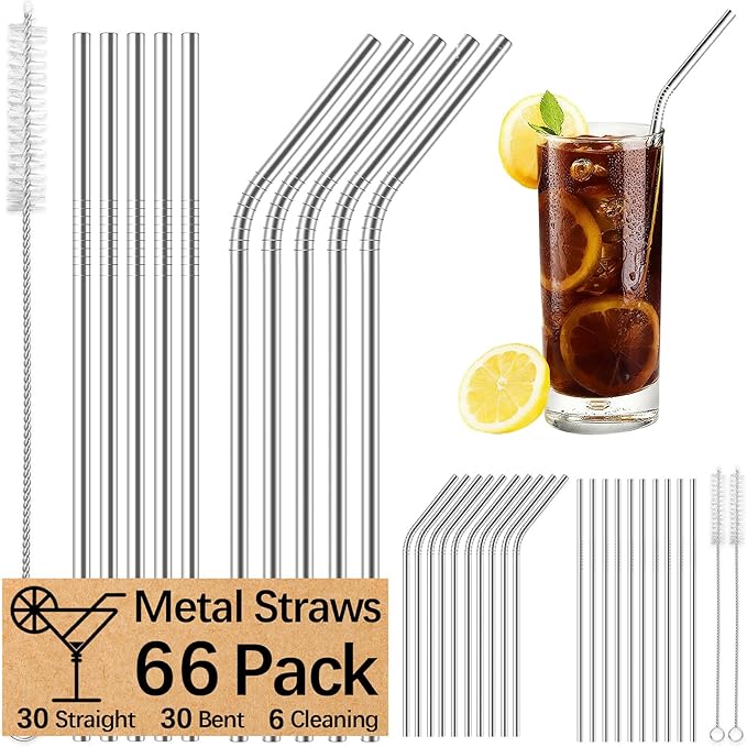 66 Pack of metal straws reusable,30 Straight+30 Bent 8.5 Inch Stainless Steel Straws,6 Cleaning Brushes Included, Perfectly Compatible with 20oz Cup Tumblers