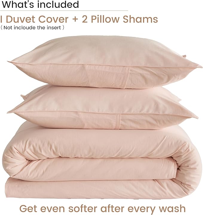 BISELINA French Linen Duvet Cover Set 3pcs with Hidden Zipper Closure Natural Flax Cotton Blend Solid Color Soft Breathable Luxury Farmhouse Bedding - King Size, Pale Pink