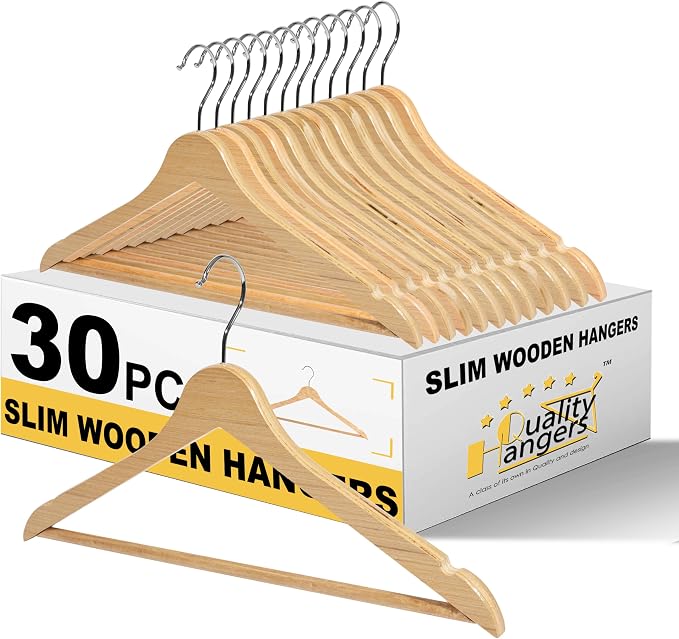 Quality Hangers Premium Slim Wooden Hangers 30 Pack - Thin Space Saving Hangers with 360 Degree Swivel Hook & Shoulder Groves Types of Clothing – Natural (30, Natural)