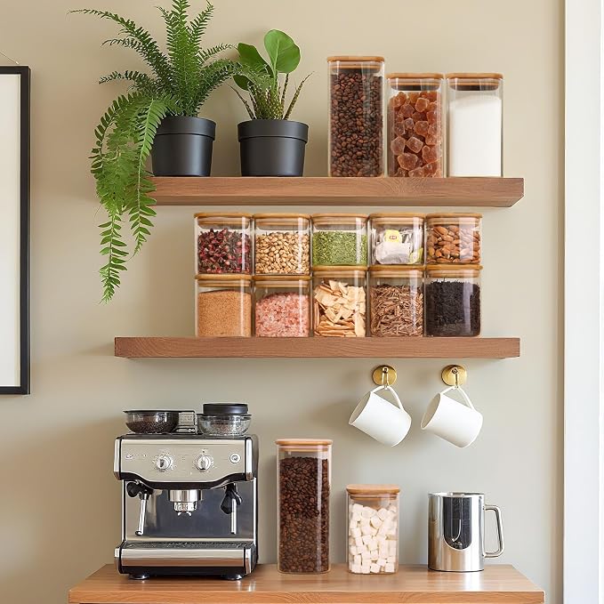 1Qt Airtight Glass Canisters with Bamboo Lid, Square Pantry Storage Containers for Coffee, Cookie, Candy, Snack, Nuts, Dry Goods - Kitchen & Pantry Organizers and Storage Containers 4 pack