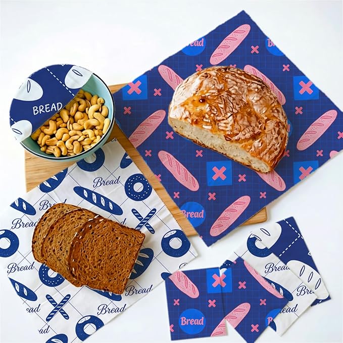 Reusable Beeswax Wraps, 9 Pack Eco-Friendly Food Covers, Organic, Sustainable, Zero Waste, Plastic-Free, For Sandwich, Snack, Bowl, 1XL, 3M, 5S, Assorted Blue & White Bread Bakery Pattern