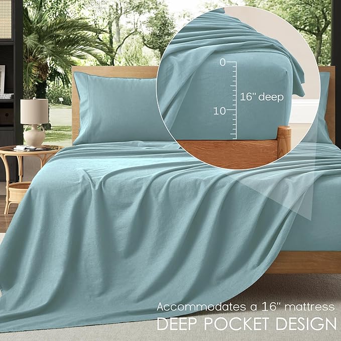 4Pcs Organic Linen Sheets King Size, 100% French Linen from Normandy, Durable Sky Blue Bed Sheets King Sheet Set with 16 Inch Deep Pocket, 1 Flat Sheet, 1 Fitted Sheet, 2 Pillowcases
