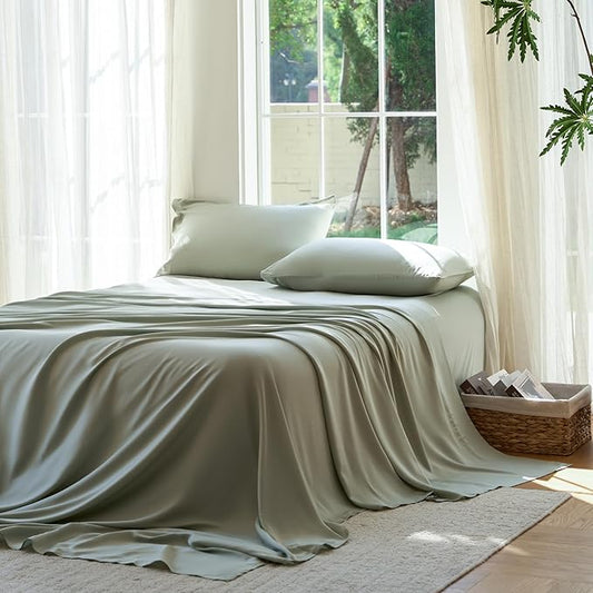 DOZ Sheet Set, 100% Viscose derived from Bamboo, Organically Grown, Buttery Soft, Cooling Sheets, High GSM, Deep Pockets - 2 Piece - 1 Pillowcase 1 Fitted Sheet (Sage, Twin)