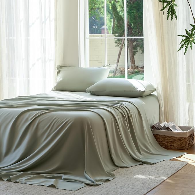 DOZ Sheet Set, 100% Viscose derived from Bamboo, Organically Grown, Buttery Soft, Cooling Sheets, High GSM, Deep Pockets - 3 Piece - 2 Pillowcases 1 Fitted Sheet (Sage, Cal King)