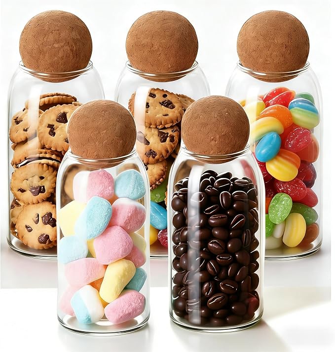 5 Pack 35oz/1000ML Glass Storage Jars with Cork Ball Lids, Airtight Clear Glass Canisters for Kitchen, Food Storage Containers for Pasta, Coffee, Candy, Snacks, with Labels & Marker