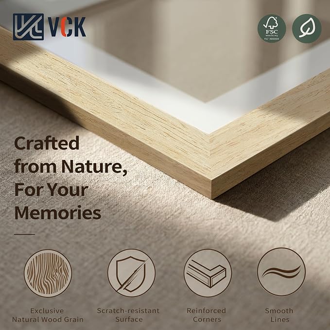 VCK 16x20 Picture Frames Natural - 3 Pack, Wide Border Solid Wood, Tempered Glass, Display 11x14 Photo with Mat or 16 x 20 Without, for Home, Office, Gallery, Woodgrain Series, Wall Hanging