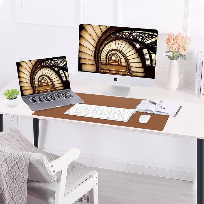 AFIING Cork Desk Mat 31.5" x 17", Waterproof Dual-Sided Cork & PU Leather Desk Pad, Non-Slip Desk Protector for Home Office, Workspace Setup & Gaming, Brown