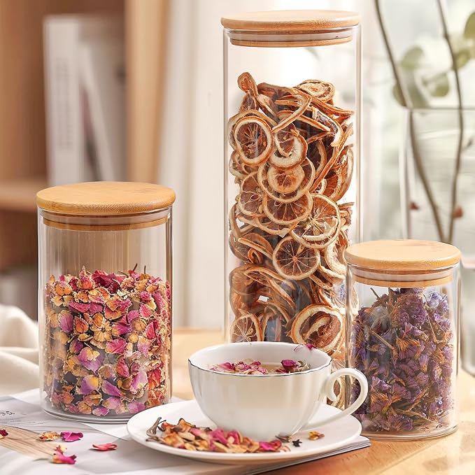ComSaf Set of 12 Glass Storage Containers with Lids, Glass Jars with Bamboo Lids, Clear Food Storage Jar, Round Glass Canister, Pantry Organizers and Storage for Pasta Flour Rice Coffee Bean