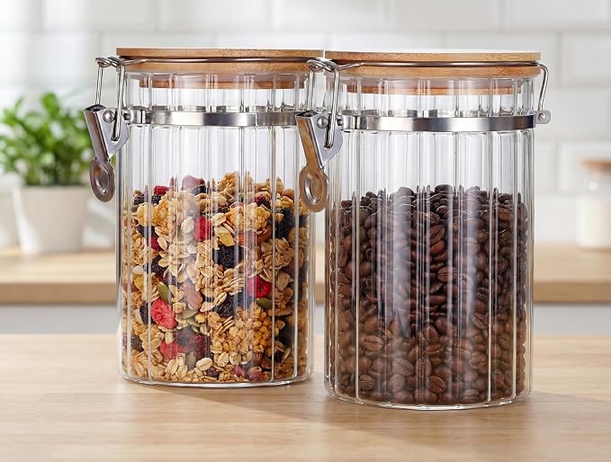 Glass Storage Jars with Bamboo Lids, Set of 2 – 34oz Airtight Borosilicate Canisters for Pantry Organization, Coffee, Flour, Sugar & Pasta – BPA-Free, Ribbed Design