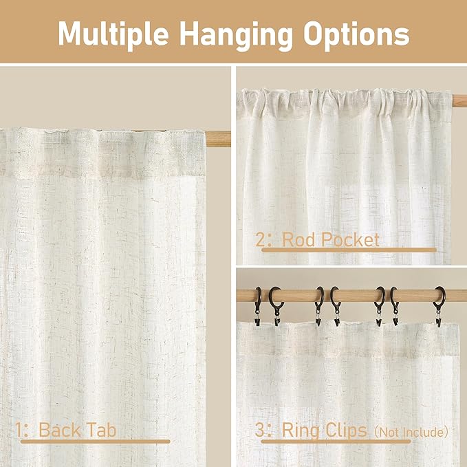 LAMIT Semi Sheer Linen Curtains 40 Inch Length for Cafe, Light Filtering Panels Back Tab and Rod Pocket Neutral Drapes for Bathroom/Kitchen, 25 x 40 Inch, Cream, 2 Panels