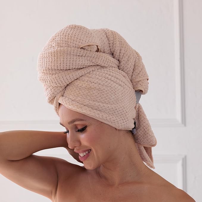 Curly Girl Microfiber Hair Towel Wrap for Women, 41" x 31" Large Quick Dry Hair Towel, Secure Fit with Elastic Strap, Anti-Frizz Hair Plopping Wrap for Long, Thick Hair