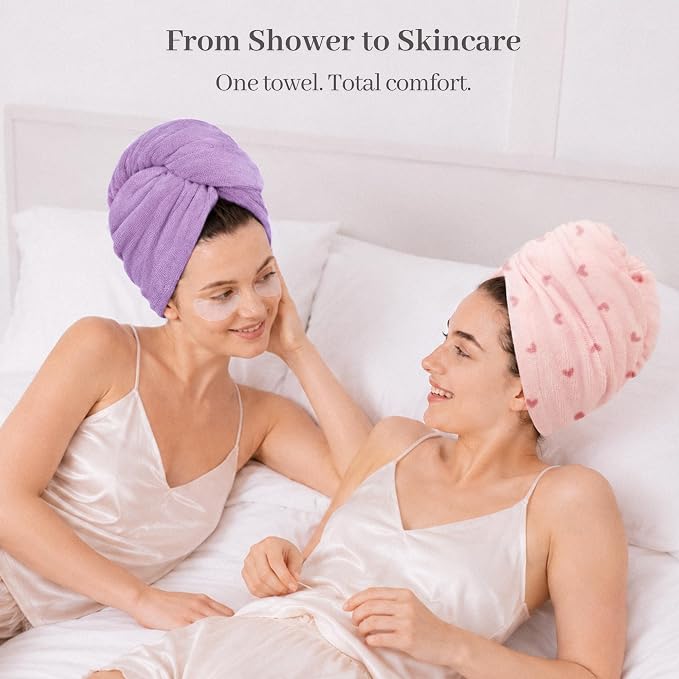 ROLSHOL Cotton Hair Towel Wrap for Women, 2 Pack 100% Cotton Hair Drying Towels for Long, Thick & Curly Hair, 32" x 11" Large Hair Turban for Wet Hair with Elastic Band (Purple)