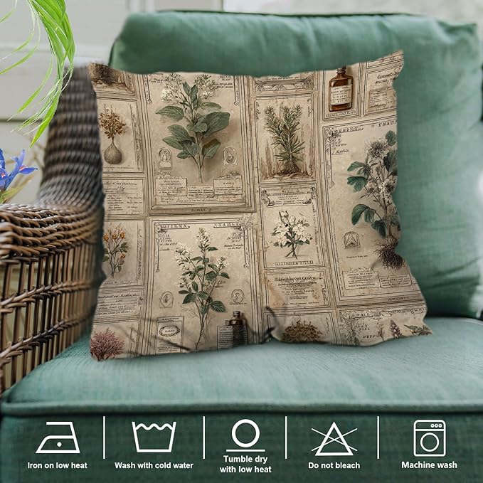 Shrahala Mythical Plants Specimen Labels Linen Throw Pillow Cover, Victorian Herbarium with Earth Tones Square Pillowcase Blended Double-Sided No Inserts for Bedroom Living Room Set of 2 (22 x 22 in)