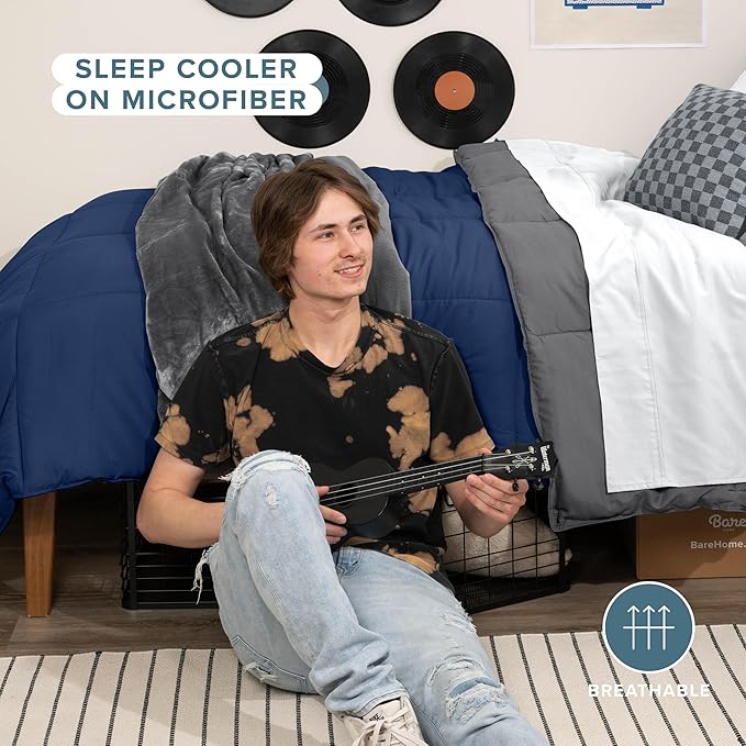 Bare Home Comforter - Twin/Twin Extra Long - Reversible Colors - Goose Down Alternative - Ultra-Soft - Premium 1800 Series - All Season Warmth - Bedding Comforter (Twin/Twin XL, Dark Blue/Grey)