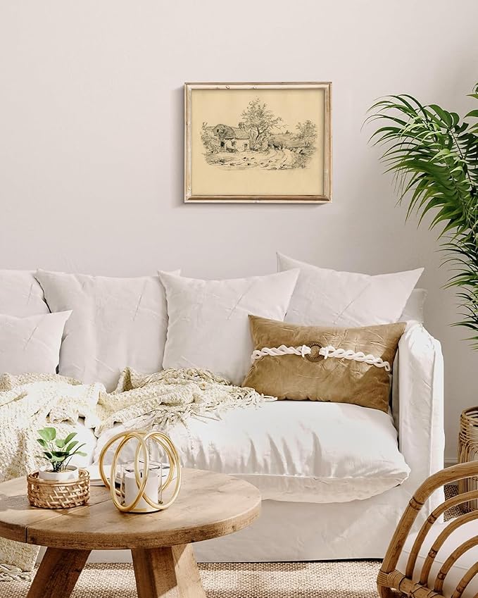 Vodefoad Sketch Cottage Retro Vintage Canvas Wall Art Rural Life Murals Vintage Neutral Wall Art for Home Decor Farmhouse Landscape Sketch Drawing Wall Decor Rustic Nature Canvas Prints Antique Neutral Landscape Oil Painting Vintage Art Pictures for Be...