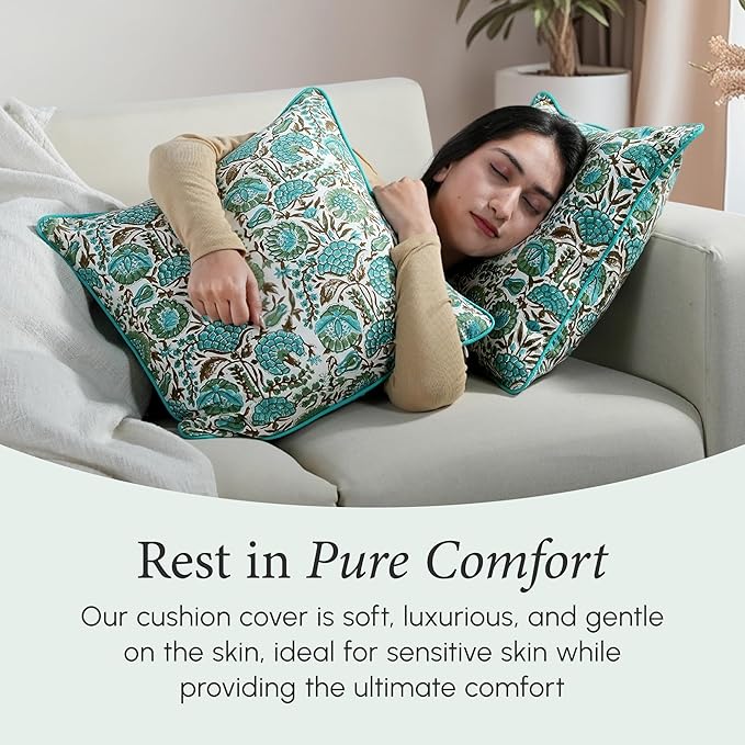 CPC Aqua Green Floral Printed Throw Square Cushion Covers - 24x24 Inch 100% Cotton Washable Decorative Couch Pillows Covers for Living Room Bed Sofa and Outdoors Spring, Summer Gifts