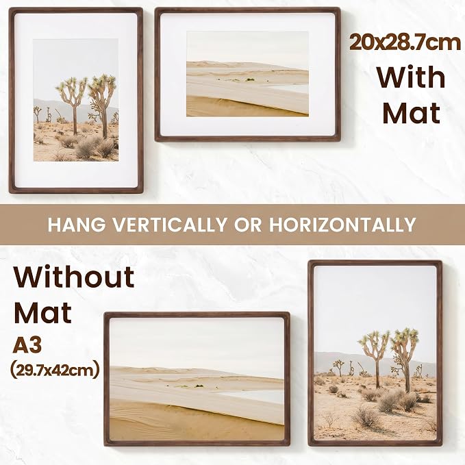 A3 Picture Frame, USA-Sourced Walnut Wood Photo Frames with HD Tempered Glass, Handcrafted Rounded Corner A3 Wooden Frame Matted to A4 Photos, Tabletop or Wall Display