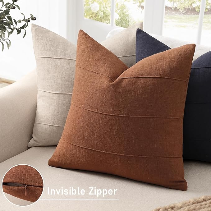 Decorative Linen Throw Fall Pillow Covers 24x24 Set of 2 Solid handcrafted Striped Cushion Covers for Bed Soft Modern Farmhouse Neutral Pillowcase for Couch Bedroom Living Room Home Fall Decor(Rust)