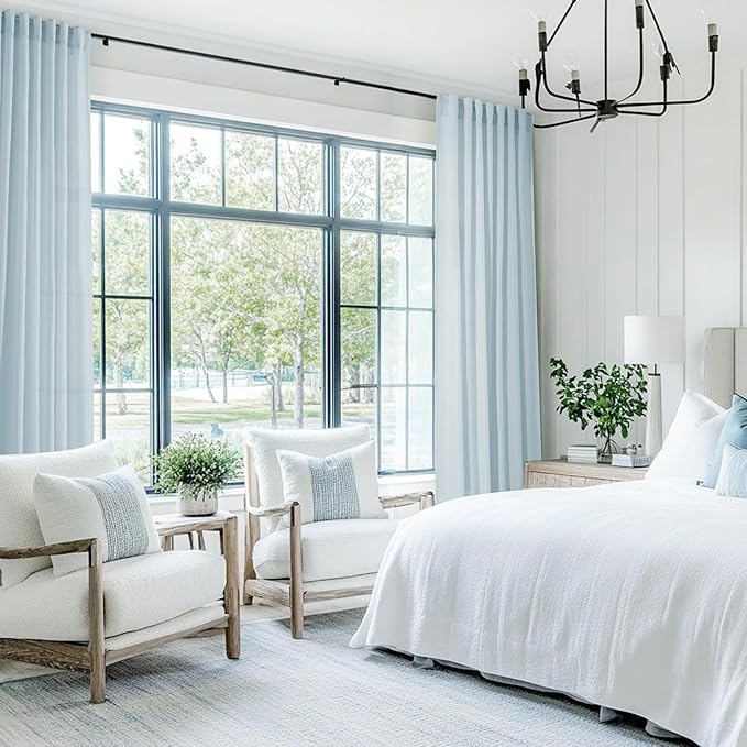 Sky Blue Curtains 63 inch Length for Bedroom Back Tab Light Filtering Semi Sheer Blue Living Room Curtains Linen Cotton Textured Drapery Panel Aesthetic Decor Light Blue 52x63
