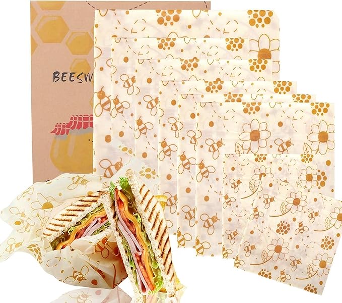 Beeswax Food Wrap (Set of 7) Sustainable Alternative to Aluminum Foil and Albal Paper - For Fruits, Vegetables, Bread, Cheese and Other Foods