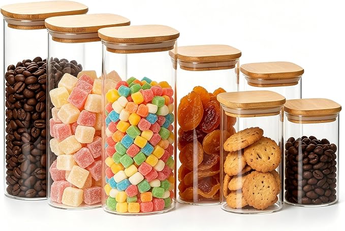 6pcs Large Glass Food Storage Containers with Bamboo Lids | 68 ounces (set of 3) and 32 ounces (set of 3) for storing overnight oats, coffee, spices, candies, flour, etc.,