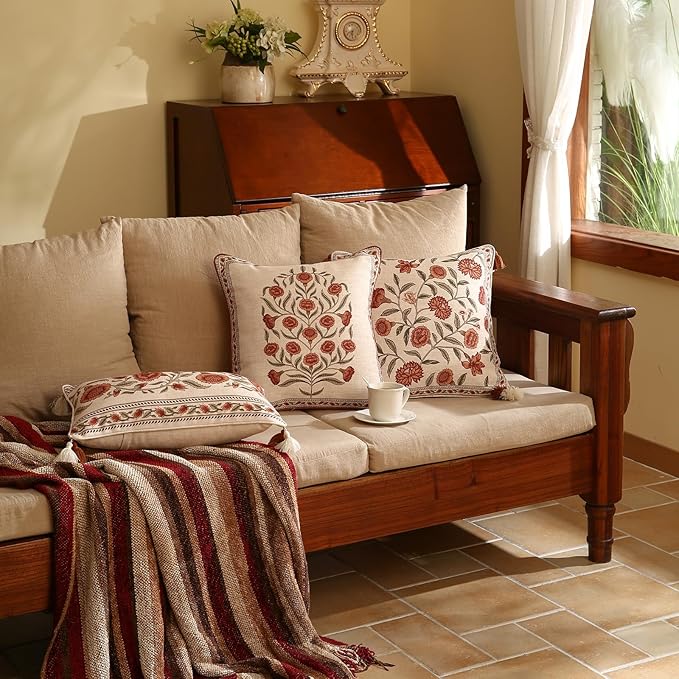 ISAENNE Design Linen Square Vintage Throw Pillow Covers 18"x18" Pack of 2, Brick Red Cushion Covers with Orange Floral Green Leaves Pattern Decoration Pillowcases for Bed,Living Room,Outdoor,Car