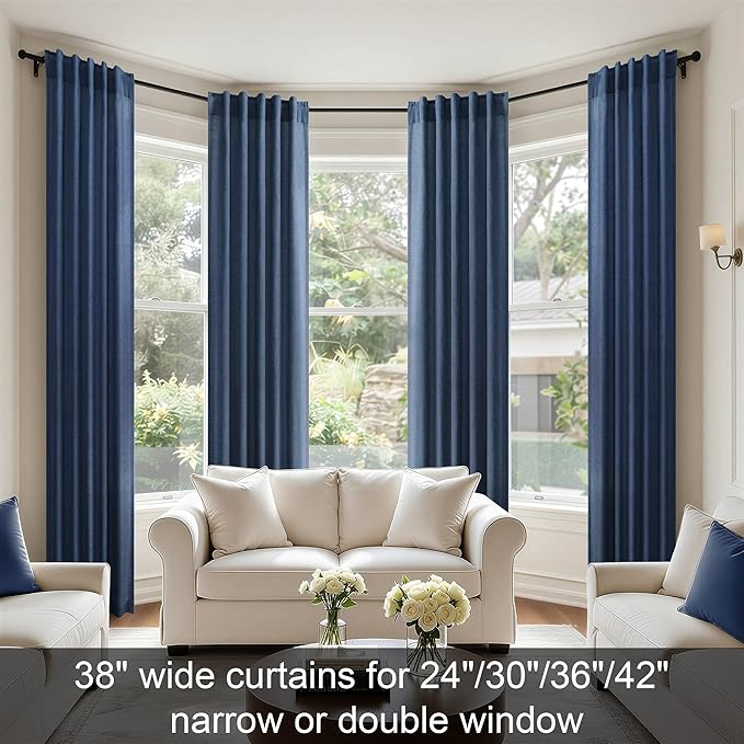 Navy Curtains 38 Inch Wide for Living Room 2 Panels Set Back Tab Rod Pocket Light Filtering Semi Sheer Linen Skinny Small Dark Blue Curtain for Windows Bedroom Closet Doors Nautical Width 38 x 96 Long