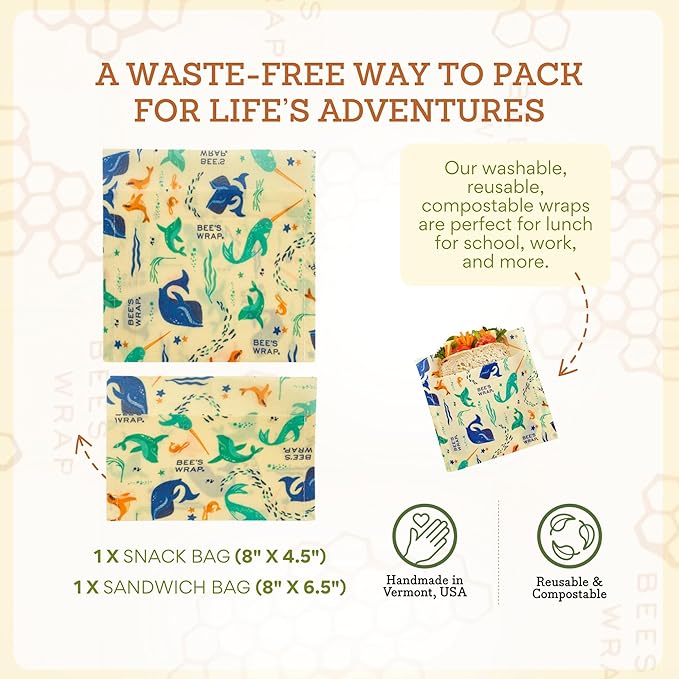 Bee's Wrap Beeswax Wraps for Food - 2 Pack of Assorted Beeswax Wraps - Snack Bag & Sandwich Wrap - Plastic Free Made in USA Reusable Natural Food Wrap - Under The Sea