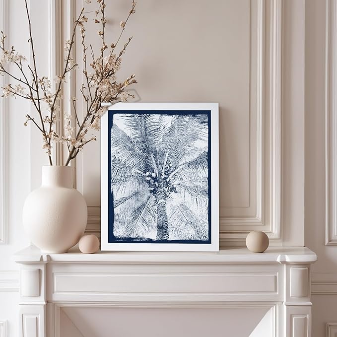 Monem Art Coastal Palm Tree Cyanotype Print - Blue and White Tropical Botanical Art Poster - Wall Decor for Beach House, Bedroom or Living Room - 12x16 White Framed Wall Art by Renee Stramel