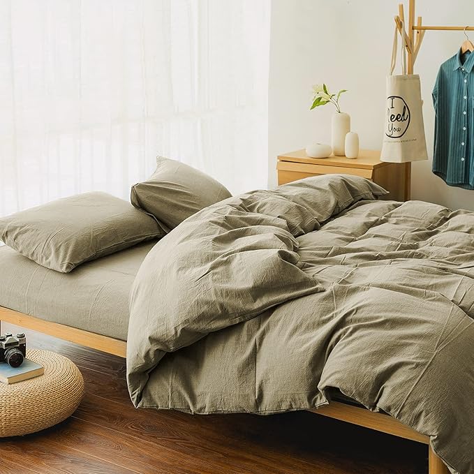 EMME Khaki Cotton Duvet Cover Twin, 2-Piece Set Soft Cotton Comforter Cover Bedding Collection Comforter Cover with Pillow Sham Solid Color Zipper Closure & Corner Ties (Khaki, Twin/Twin XL)